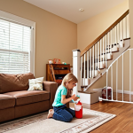 **

A cozy, well-lit living room showcasing child safety measures. Outlet covers are in place, corner protectors are on furniture edges, and a baby gate blocks the stairs. A first aid kit is visible on a high shelf. Children are happily playing under the watchful eye of a parent. Emphasize the feeling of a secure and loving home environment.

**