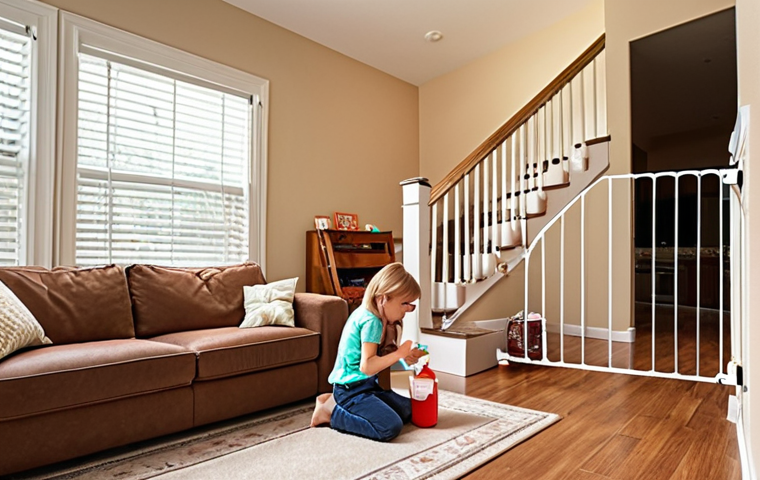 **
A cozy, well-lit living room showcasing child safety measures. Outlet covers are in place, corner protectors are on furniture edges, and a baby gate blocks the stairs. A first aid kit is visible on a high shelf. Children are happily playing under the watchful eye of a parent. Emphasize the feeling of a secure and loving home environment.
**