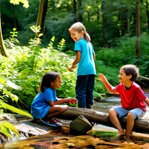 Home 20 A diverse group of cheerful children, aged around 7-10 years, fully clothed in modest, comfortable outdoor play attire, are joyfully exploring a vibrant forest. One child carefully observes a colorful insect on a leaf, another is splashing lightly in a shallow, clear stream, while a third is meticulously arranging fallen branches to build a small, imaginative fort. The scene is bathed in soft, natural sunlight filtering through the trees. The atmosphere is peaceful and filled with wonder. Perfect anatomy, correct proportions, natural pose, well-formed hands, proper finger count, natural body proportions. Professional photography, high quality, safe for work, appropriate content, family-friendly.