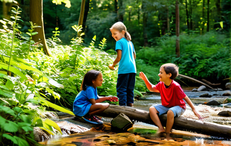 A diverse group of cheerful children, aged around 7-10 years, fully clothed in modest, comfortable outdoor play attire, are joyfully exploring a vibrant forest. One child carefully observes a colorful insect on a leaf, another is splashing lightly in a shallow, clear stream, while a third is meticulously arranging fallen branches to build a small, imaginative fort. The scene is bathed in soft, natural sunlight filtering through the trees. The atmosphere is peaceful and filled with wonder. Perfect anatomy, correct proportions, natural pose, well-formed hands, proper finger count, natural body proportions. Professional photography, high quality, safe for work, appropriate content, family-friendly.