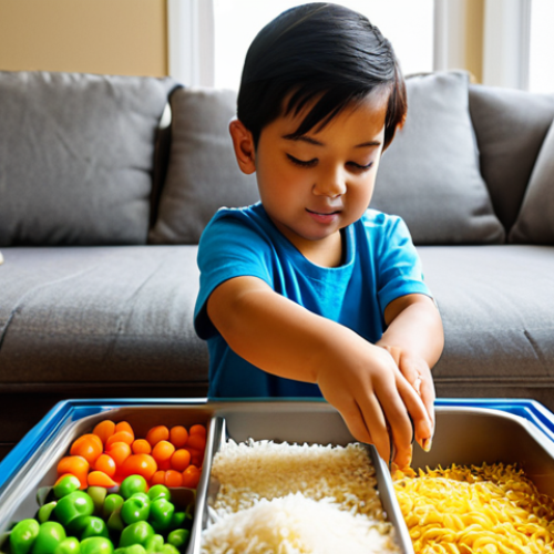 Home 19 **
A child, fully clothed in appropriate attire, exploring a sensory box filled with rice, pasta, and small, colorful toys. The background shows a bright, family-friendly living room. Safe for work, appropriate content, perfect anatomy, correct proportions, well-formed hands, proper finger count, natural pose, professional, modest clothing.
**