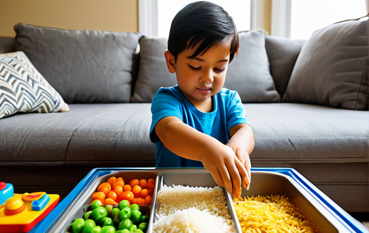**

A child, fully clothed in appropriate attire, exploring a sensory box filled with rice, pasta, and small, colorful toys. The background shows a bright, family-friendly living room. Safe for work, appropriate content, perfect anatomy, correct proportions, well-formed hands, proper finger count, natural pose, professional, modest clothing.

**