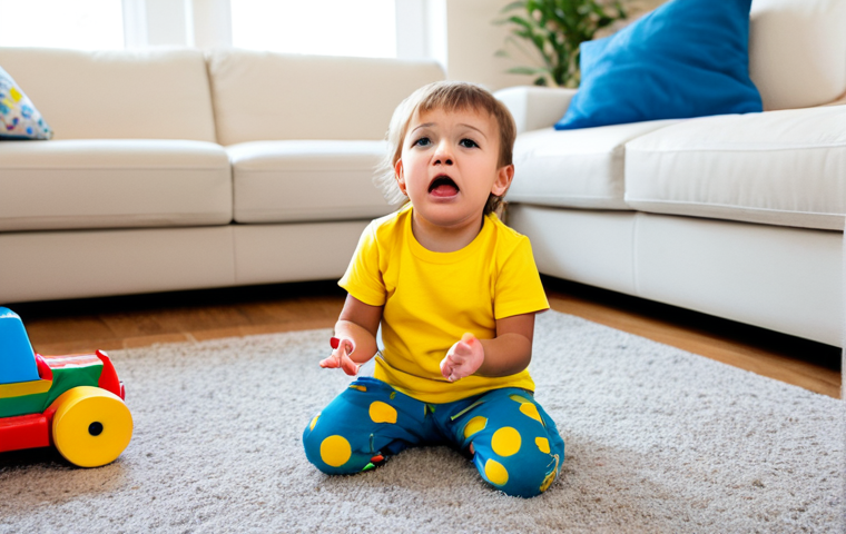 유아기 문제 행동 해결법 - Tantrum Time**
A young child, maybe 3 years old, fully clothed in play clothes, is having a tantrum...