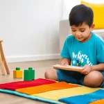 유아기 창의적 글쓰기 - A happy child, around 6 years old, wearing comfortable shorts and a t-shirt, is deeply absorbed in c...