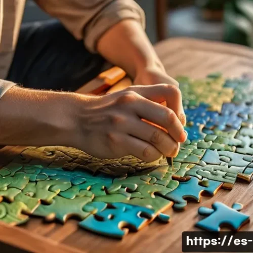 집중력 향상 놀이 - **A Cozy Evening of Jigsaw Puzzling**
    A warm, inviting scene in a living room at dusk. A person ...