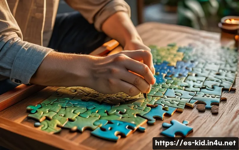 집중력 향상 놀이 - **A Cozy Evening of Jigsaw Puzzling**
A warm, inviting scene in a living room at dusk. A person ...