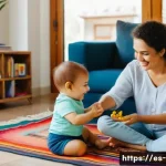 손유희 놀이 활용법 - A warm and cozy indoor scene showing a Hispanic mother and her toddler son sitting on a colorful rug...