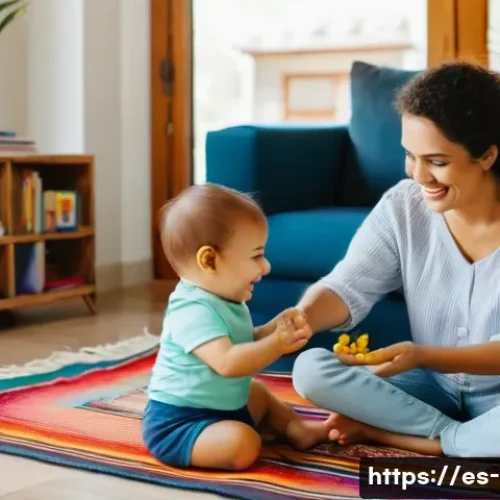 손유희 놀이 활용법 - A warm and cozy indoor scene showing a Hispanic mother and her toddler son sitting on a colorful rug...
