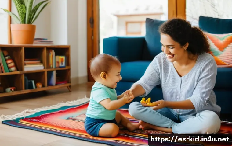 손유희 놀이 활용법 - A warm and cozy indoor scene showing a Hispanic mother and her toddler son sitting on a colorful rug...