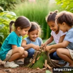 유아기 자연 탐사 놀이 - A group of ethnically diverse children aged 4 to 8, wearing casual outdoor clothing and comfortable ...