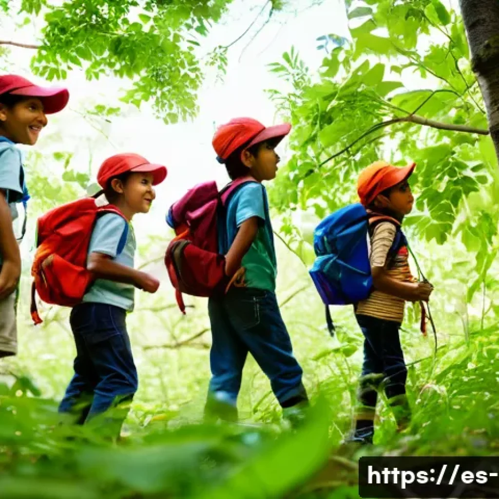 숲 유치원 프로그램 - A group of young Spanish-speaking children, dressed in comfortable outdoor clothing and sturdy shoes...