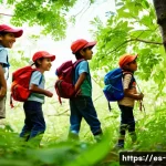 숲 유치원 프로그램 - A group of young Spanish-speaking children, dressed in comfortable outdoor clothing and sturdy shoes...