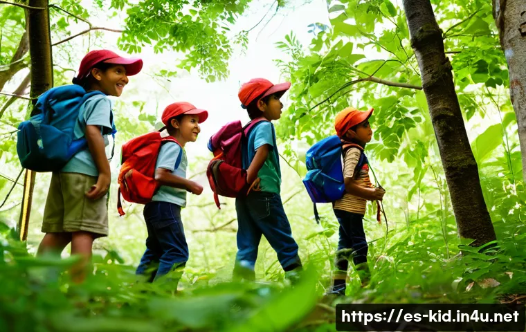 숲 유치원 프로그램 - A group of young Spanish-speaking children, dressed in comfortable outdoor clothing and sturdy shoes...