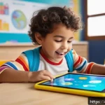 유아기 인공지능 교육 - A young Hispanic child, wearing colorful casual clothes and a diaper, is joyfully interacting with a...