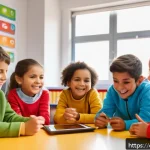 영유아 ICT 활용 교육 - A warm and colorful classroom scene in a modern Spanish school where young children aged 5-7 are sit...