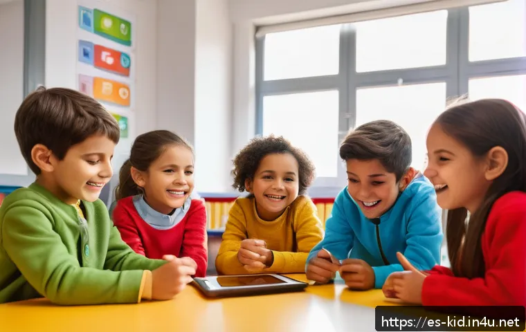 영유아 ICT 활용 교육 - A warm and colorful classroom scene in a modern Spanish school where young children aged 5-7 are sit...