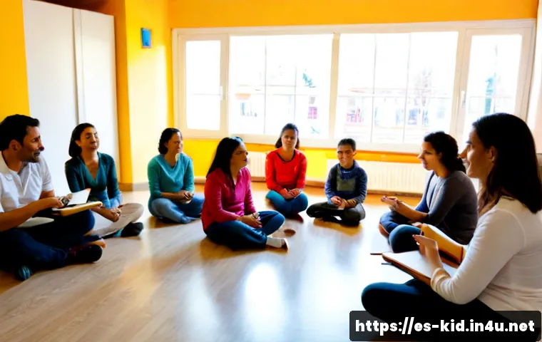 부모 교육 프로그램 - Photorealistic parent education workshop in a bright community center in Madrid, diverse Spanish-spe...